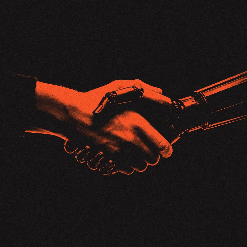 A human hand and a robotic hand shaking hands